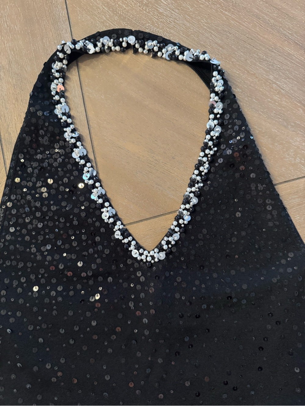 White House Black Market Black Halter Top with Sequined Details - Picture 3 of 8